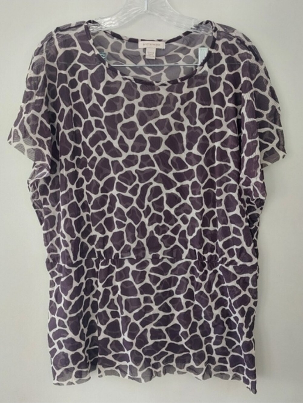 Boston Proper Blouse Medium Mesh Stretch Animal Print Short Sleeve Raw Edges